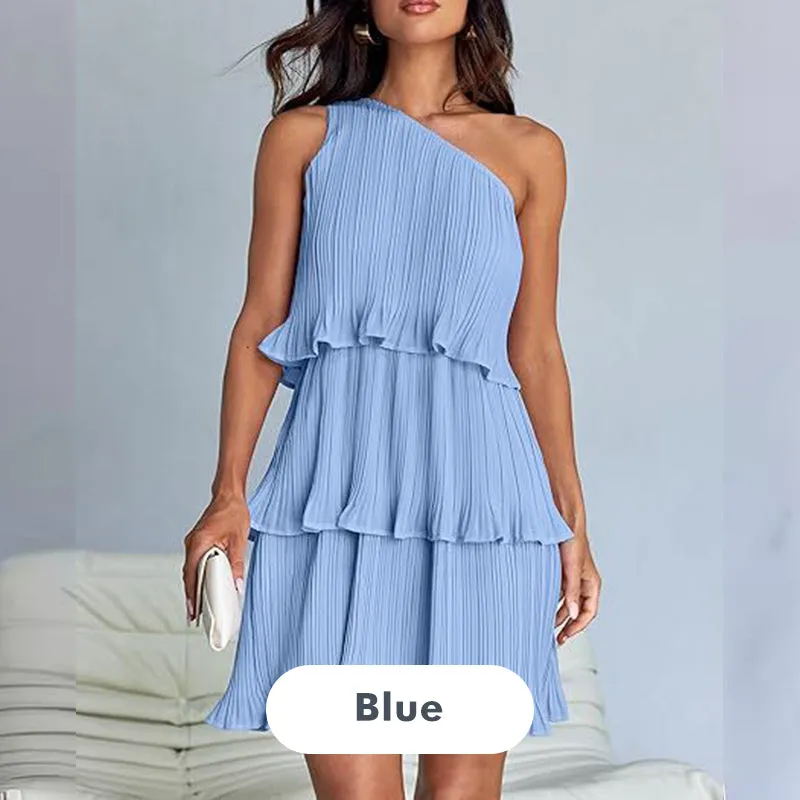 49% - discount-Women's One Shoulder Ruffle Tiered Layered Flowy A Line Dress