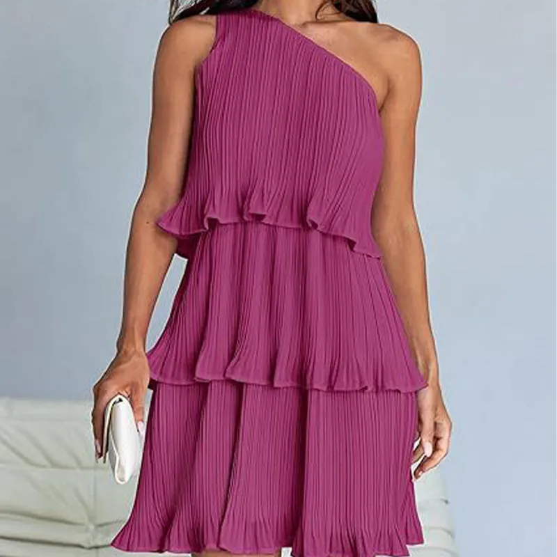 49% - discount-Women's One Shoulder Ruffle Tiered Layered Flowy A Line Dress