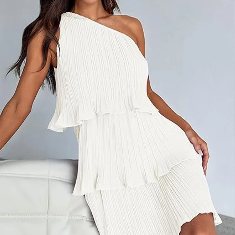 49% - discount-Women's One Shoulder Ruffle Tiered Layered Flowy A Line Dress