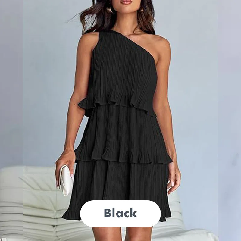 49% - discount-Women's One Shoulder Ruffle Tiered Layered Flowy A Line Dress