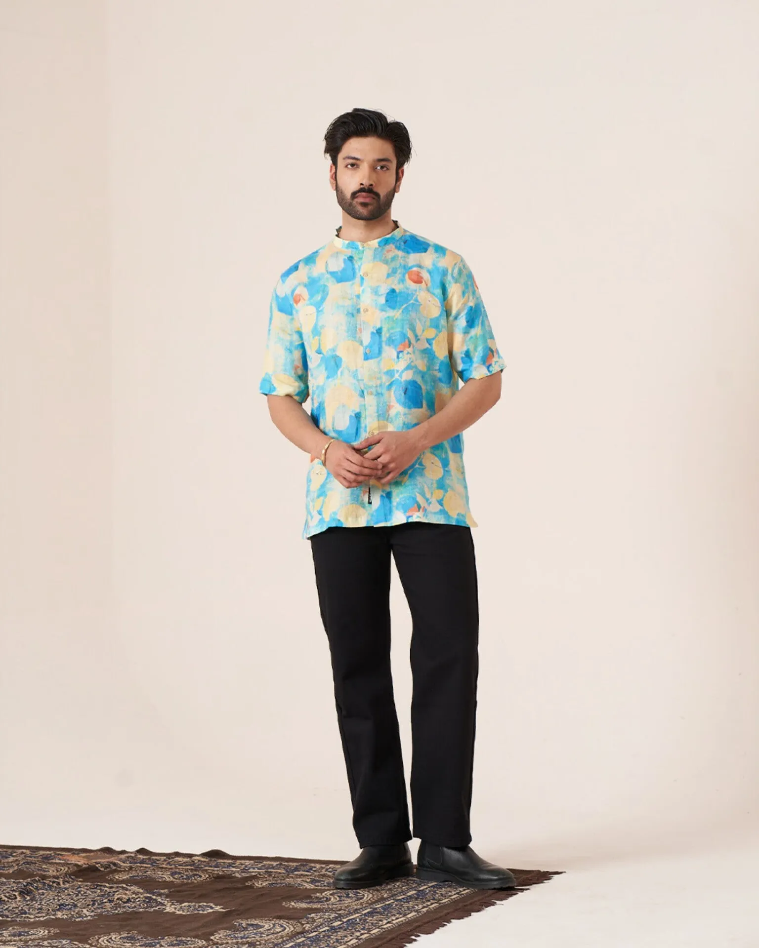 Aqua Bloom (Pure Linen Short Sleeve Shirt)  AddysForMen