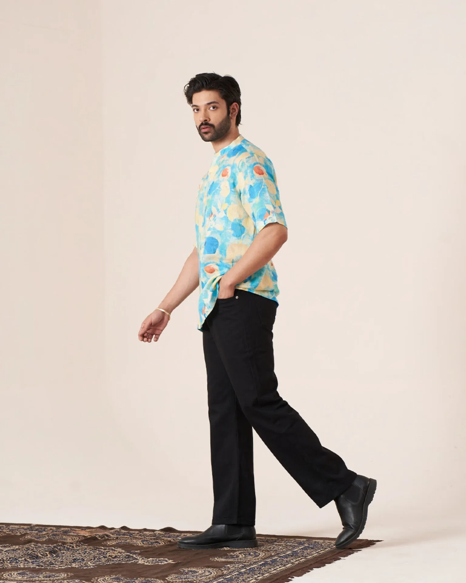 Aqua Bloom (Pure Linen Short Sleeve Shirt)  AddysForMen