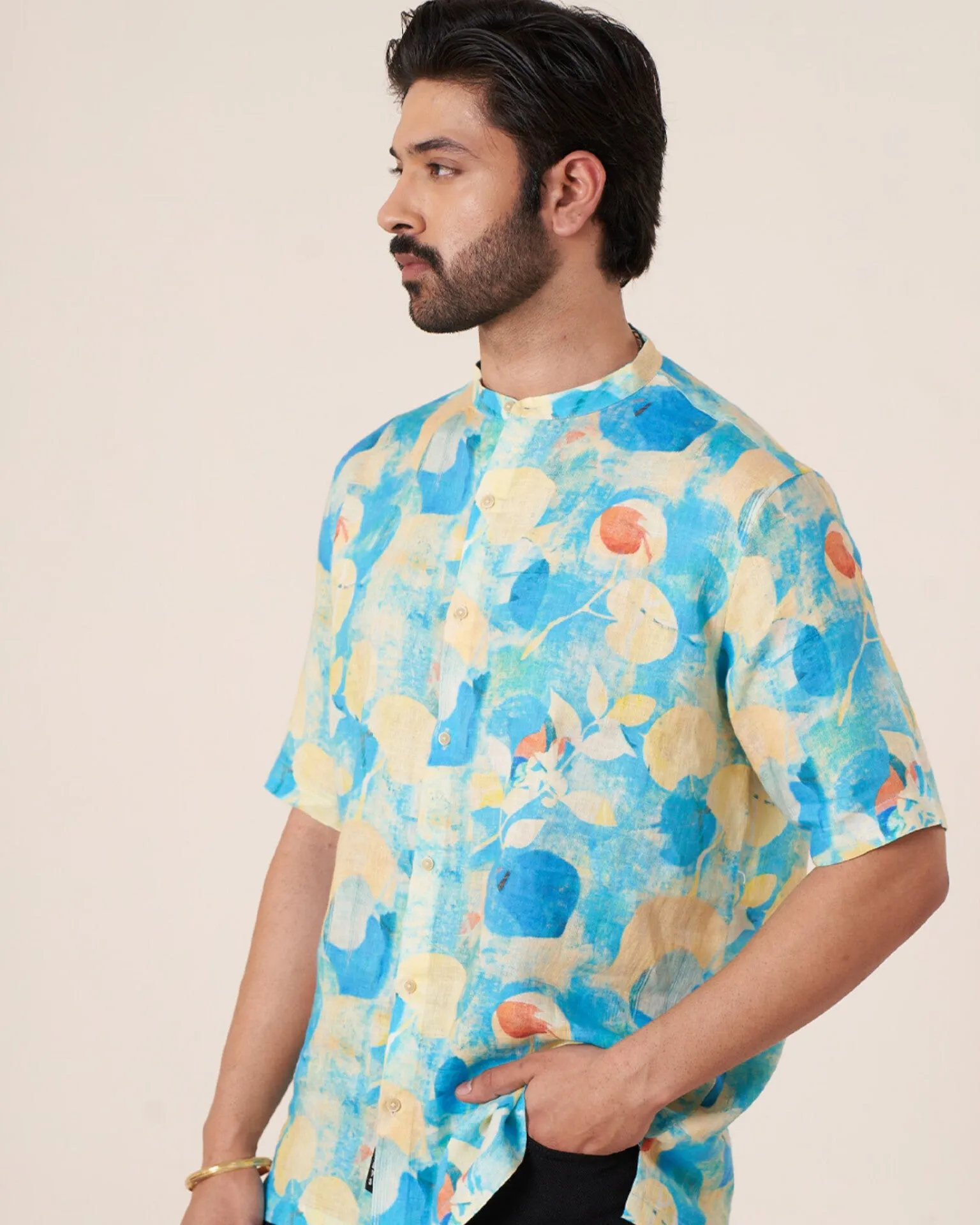 Aqua Bloom (Pure Linen Short Sleeve Shirt)  AddysForMen