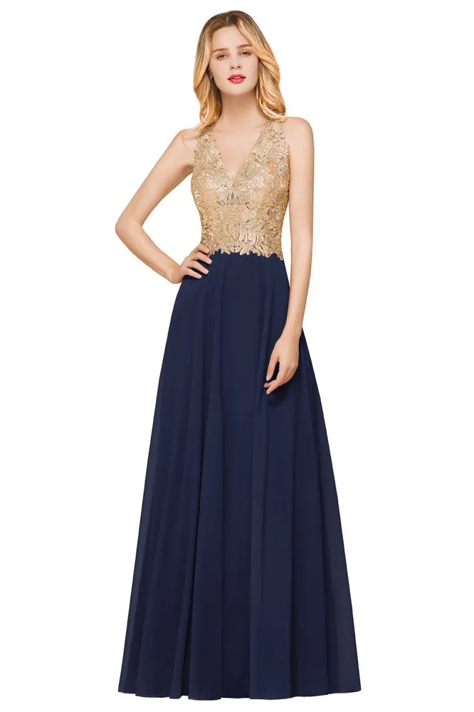 Fabulous Gold Appliques Party Dress Chiffon Lace Prom Long Ball Gown