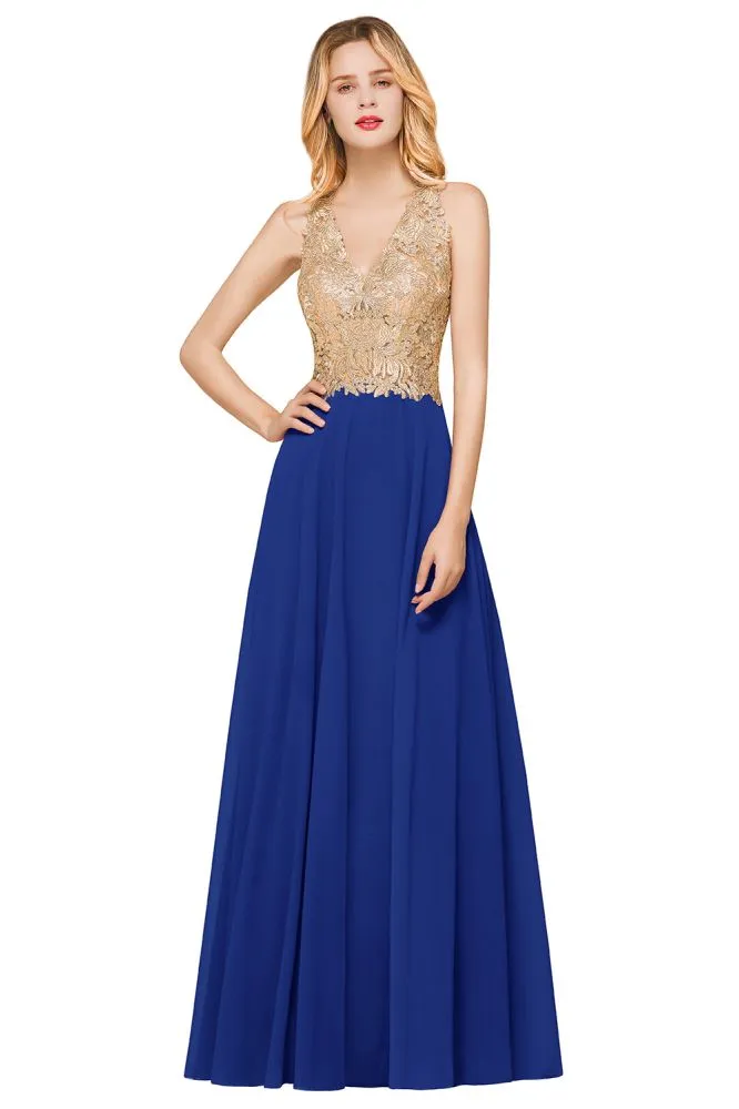 Fabulous Gold Appliques Party Dress Chiffon Lace Prom Long Ball Gown