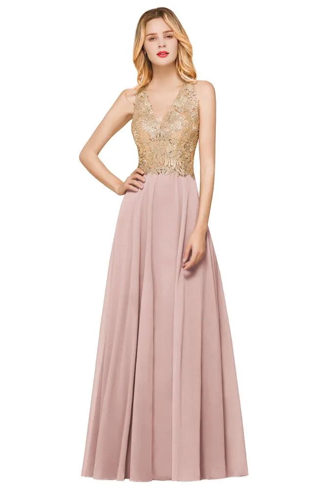Fabulous Gold Appliques Party Dress Chiffon Lace Prom Long Ball Gown