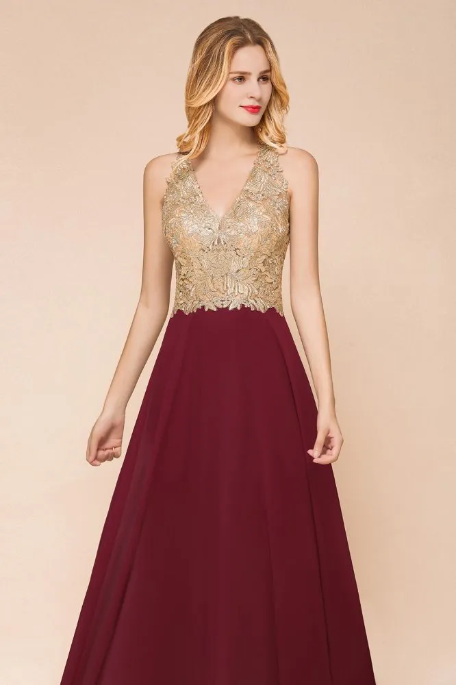 Fabulous Gold Appliques Party Dress Chiffon Lace Prom Long Ball Gown