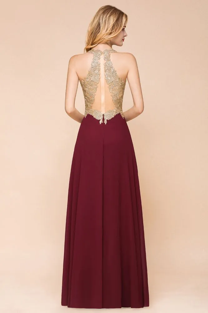 Fabulous Gold Appliques Party Dress Chiffon Lace Prom Long Ball Gown