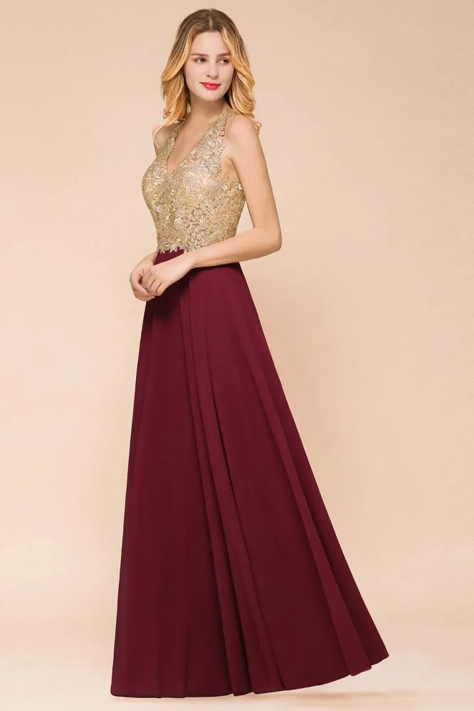 Fabulous Gold Appliques Party Dress Chiffon Lace Prom Long Ball Gown