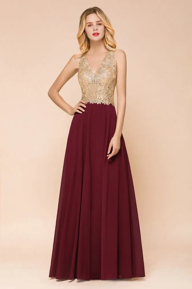 Fabulous Gold Appliques Party Dress Chiffon Lace Prom Long Ball Gown