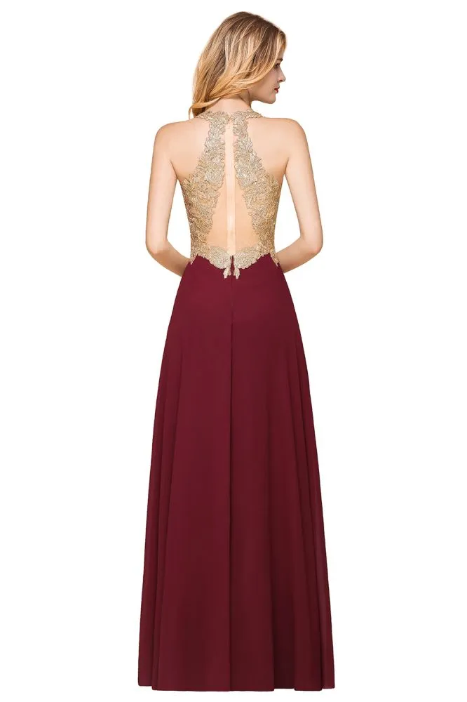 Fabulous Gold Appliques Party Dress Chiffon Lace Prom Long Ball Gown