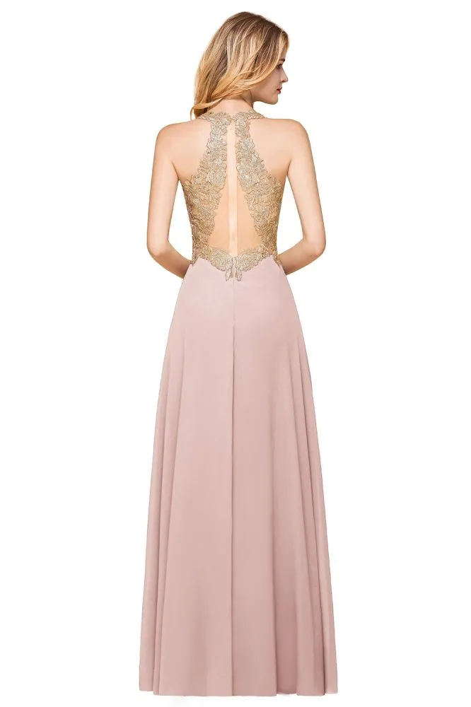 Fabulous Gold Appliques Party Dress Chiffon Lace Prom Long Ball Gown