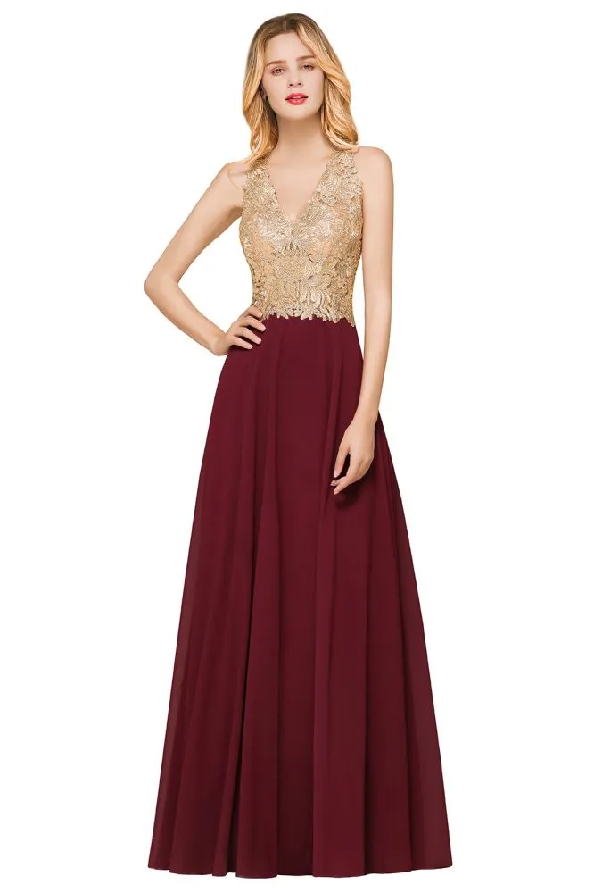 Fabulous Gold Appliques Party Dress Chiffon Lace Prom Long Ball Gown