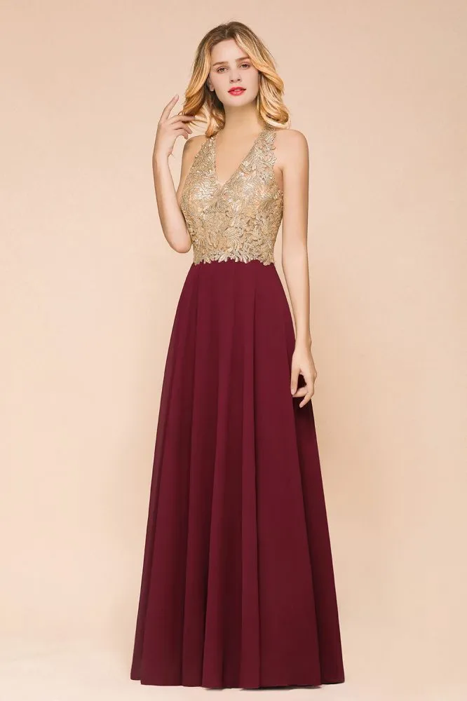 Fabulous Gold Appliques Party Dress Chiffon Lace Prom Long Ball Gown