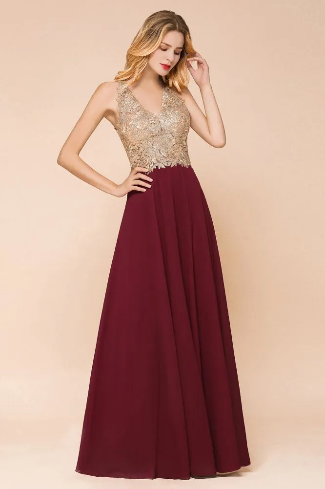 Fabulous Gold Appliques Party Dress Chiffon Lace Prom Long Ball Gown