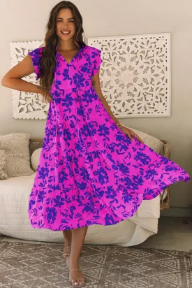Floral Print Flutter Sleeve Maxi Dress