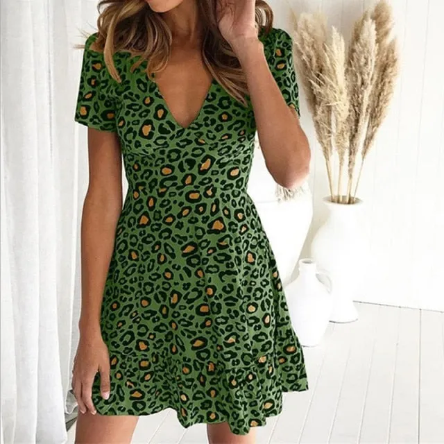 Leopard Print Sexy Ruffles Short Sleeve Dress
