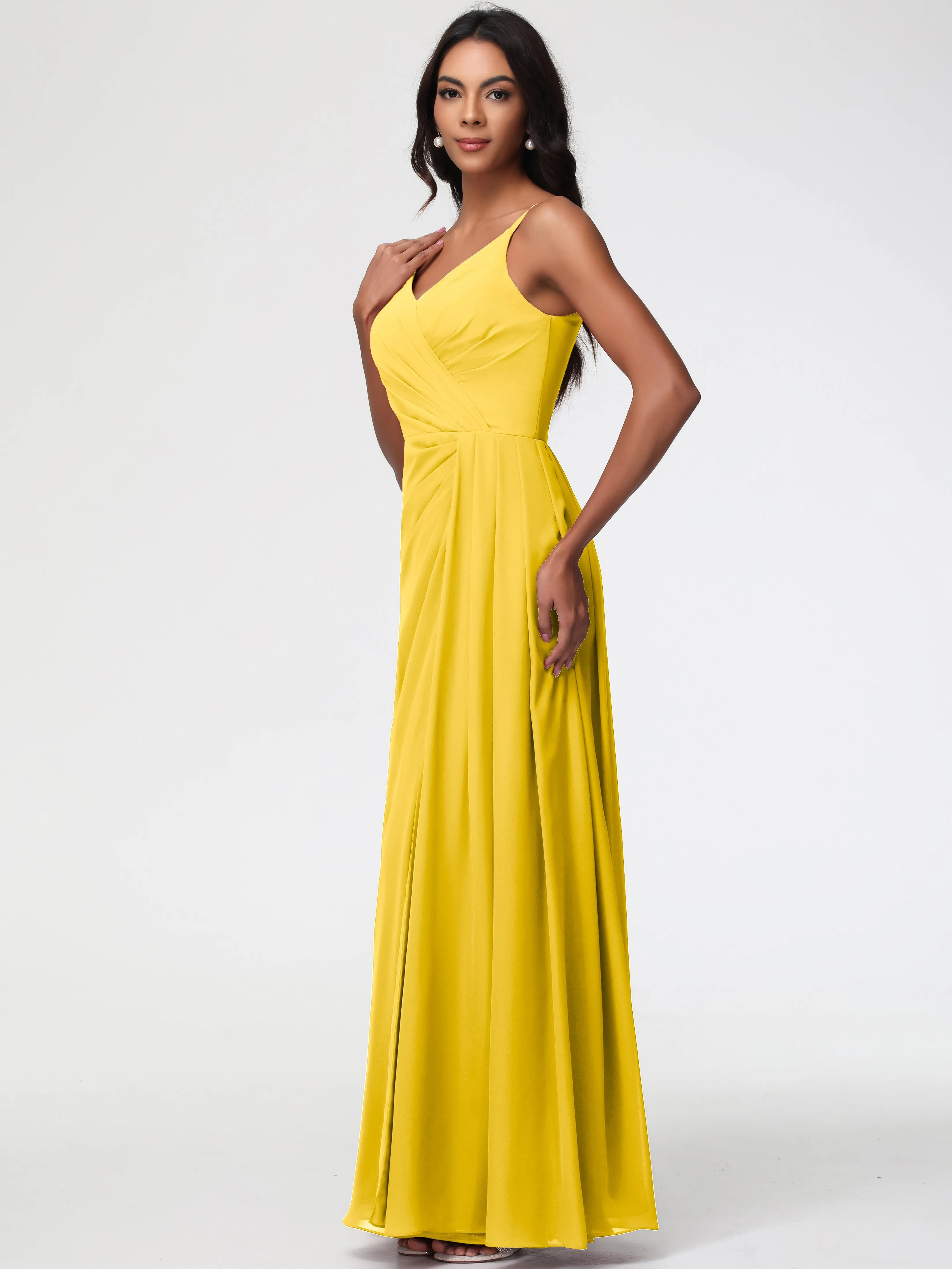 Marigold Color Bridesmaid Dresses A-Line V-Neck Spaghetti Straps Ruched Chiffon Bridesmaid Dresses With Slit