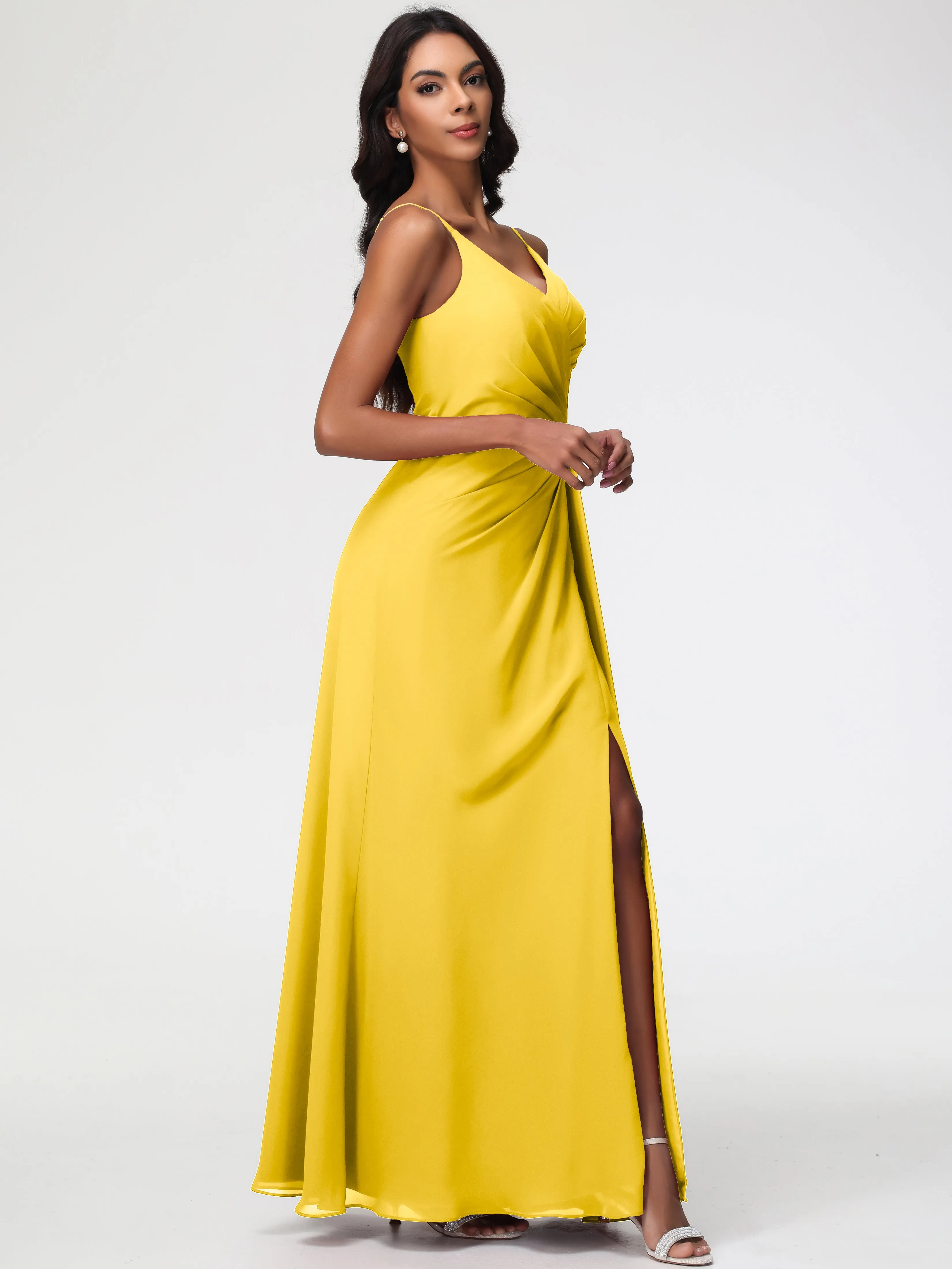 Marigold Color Bridesmaid Dresses A-Line V-Neck Spaghetti Straps Ruched Chiffon Bridesmaid Dresses With Slit
