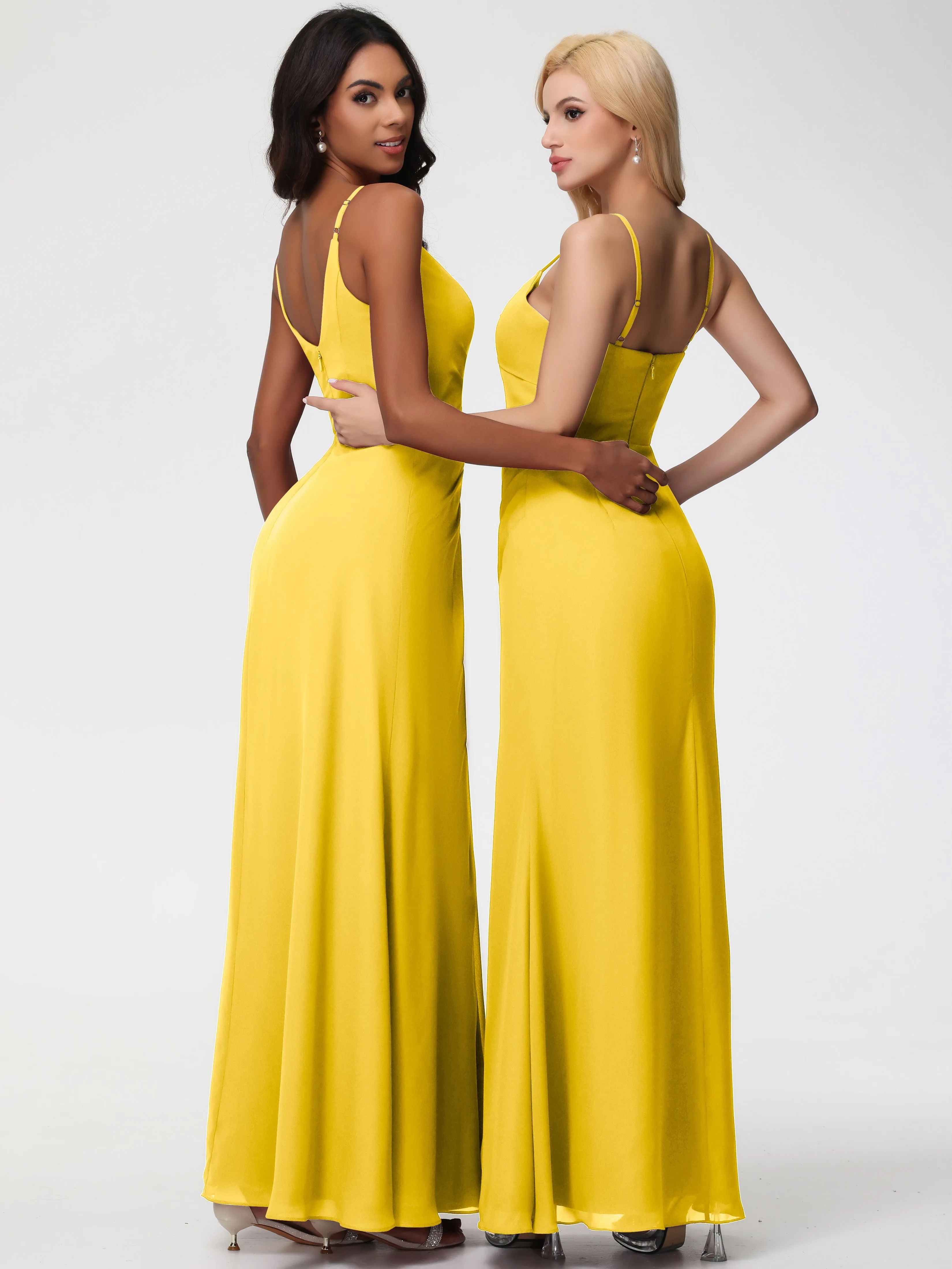 Marigold Color Bridesmaid Dresses A-Line V-Neck Spaghetti Straps Ruched Chiffon Bridesmaid Dresses With Slit