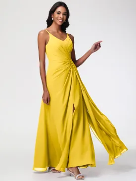 Marigold Color Bridesmaid Dresses A-Line V-Neck Spaghetti Straps Ruched Chiffon Bridesmaid Dresses With Slit