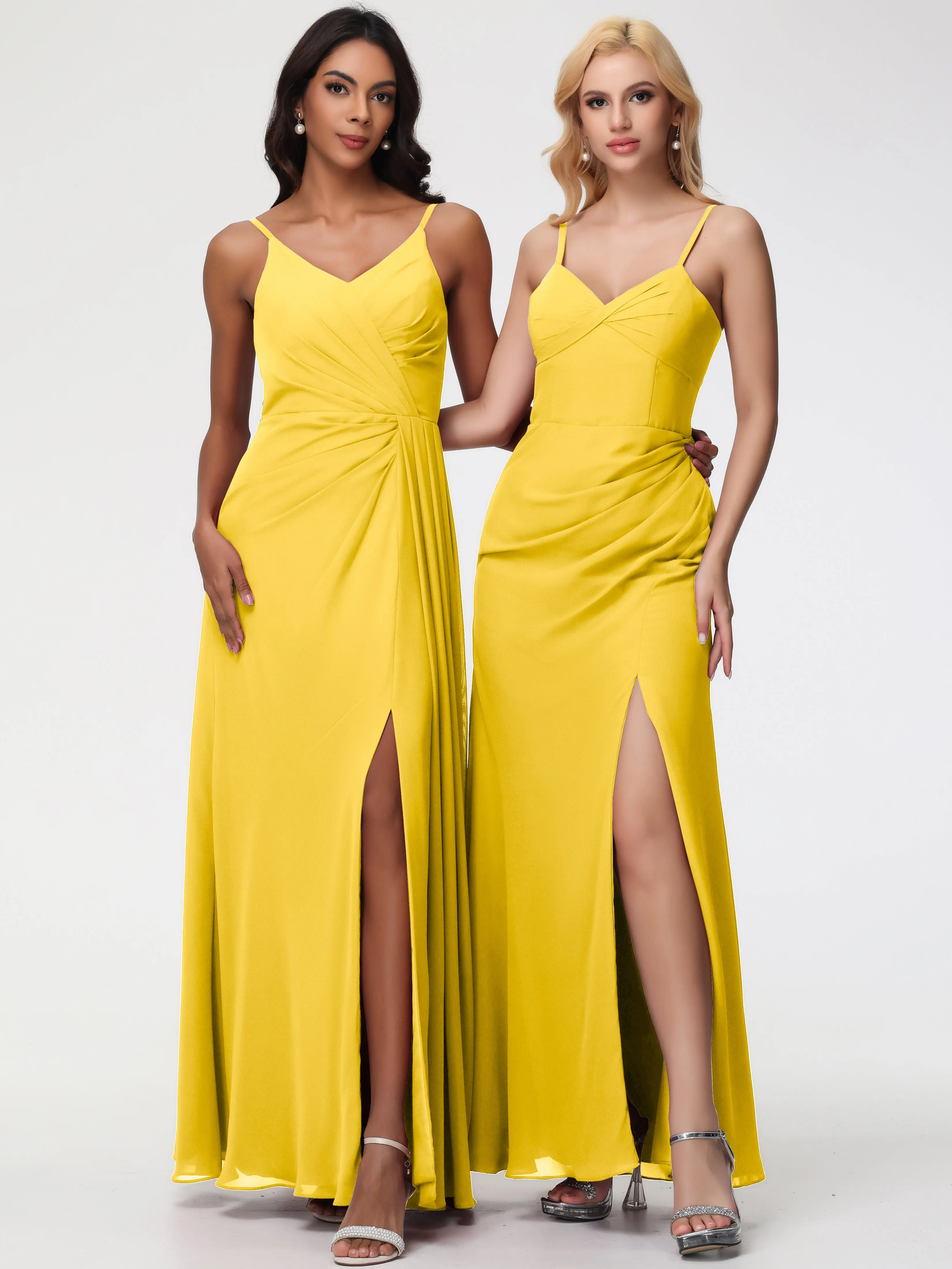 Marigold Color Bridesmaid Dresses A-Line V-Neck Spaghetti Straps Ruched Chiffon Bridesmaid Dresses With Slit