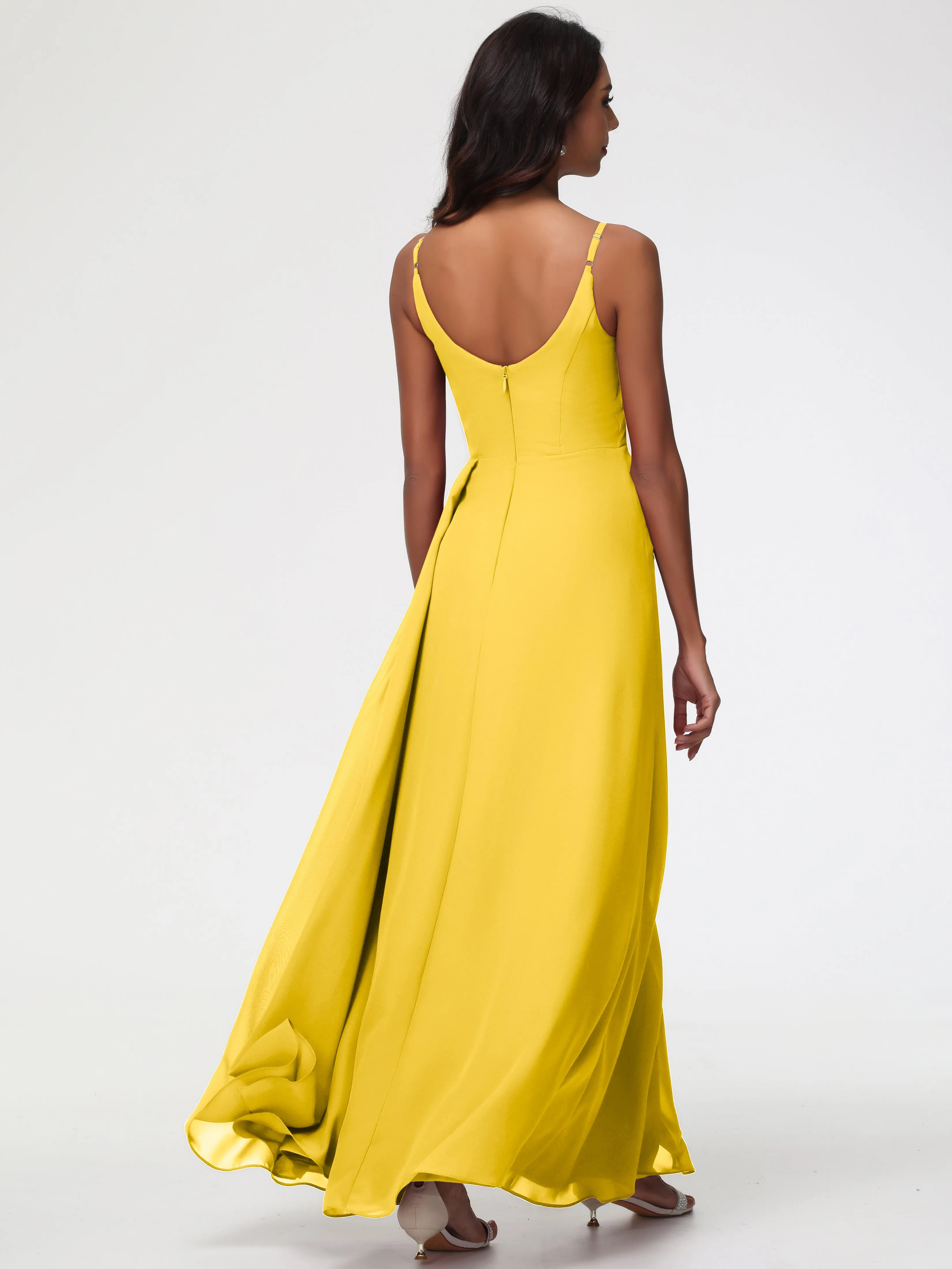 Marigold Color Bridesmaid Dresses A-Line V-Neck Spaghetti Straps Ruched Chiffon Bridesmaid Dresses With Slit