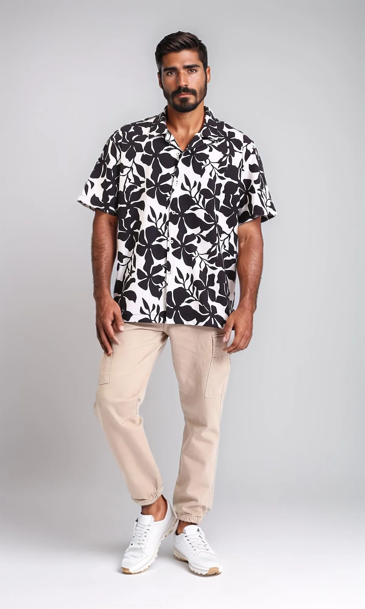 R208753-Casual Cotton Cargo Pants with Hem - Beige