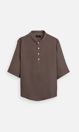 Rich Cocoa Colour Plain Formal Pure Linen Kurta Style Shirt - AddysForMen
