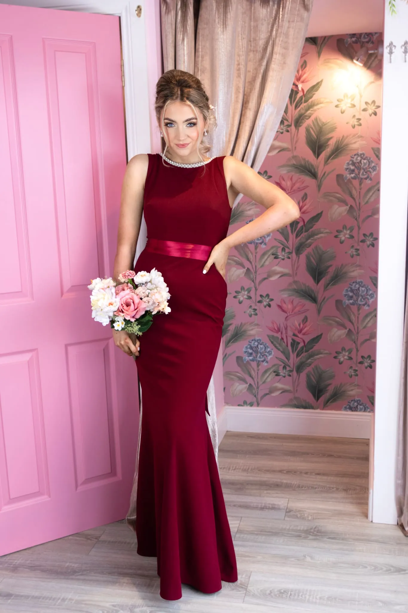 Sienna Burgundy Pearl Neck Plain & Elegant Bridesmaids Dress