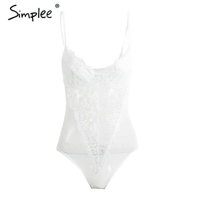 Simplee Sexy backless black lace bodysuit Perspective