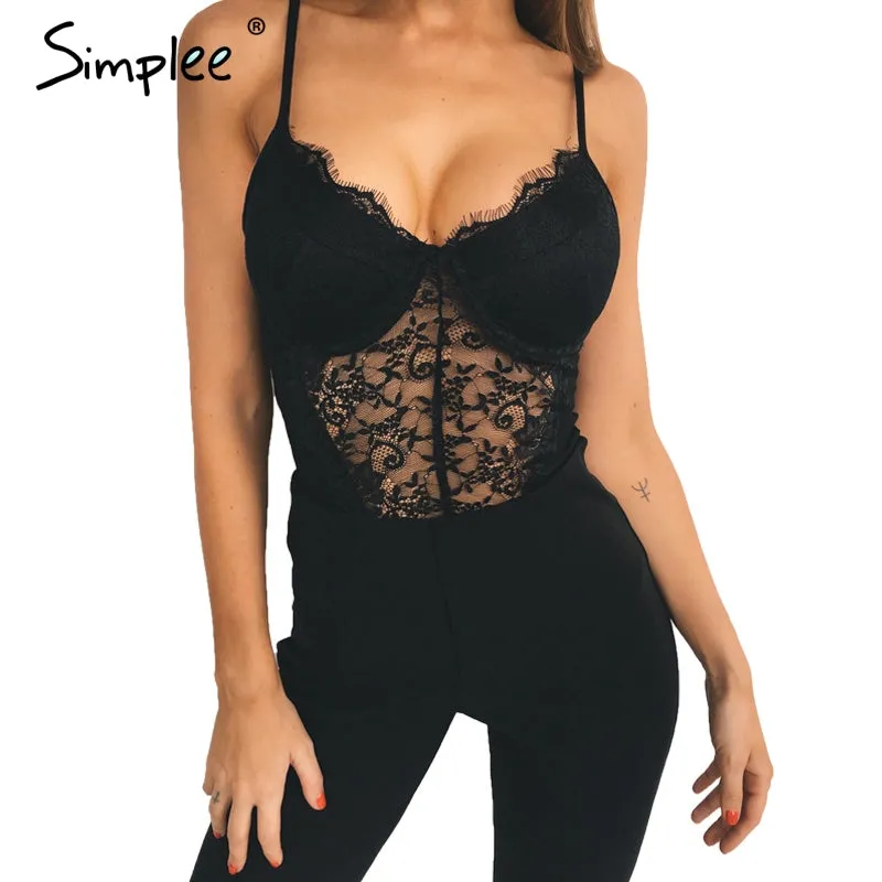 Simplee Sexy backless black lace bodysuit Perspective