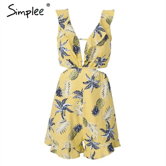 Simplee Sexy ruffle floral print jumpsuit romper Women