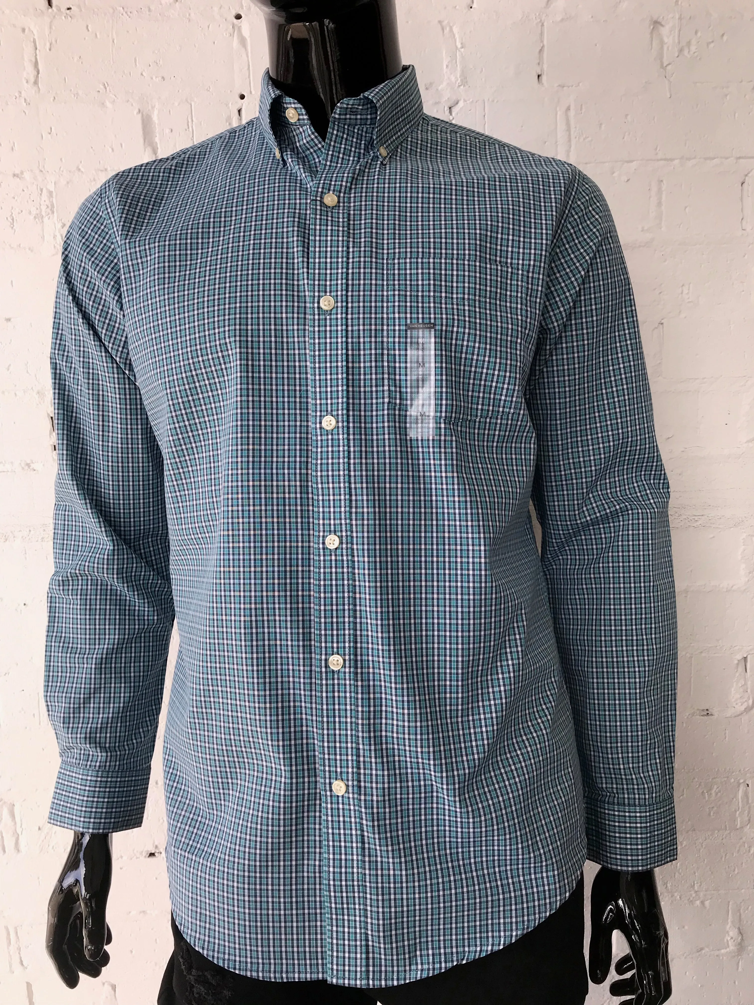 Van Heusen Mens Shirt • Aqua, White and Black Plaid