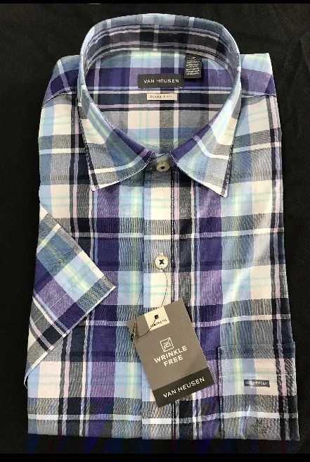 Van Heusen Mens Short Sleeve Shirt • Blue, Purple and Navy Plaid and Green, Blue and Black Plaid