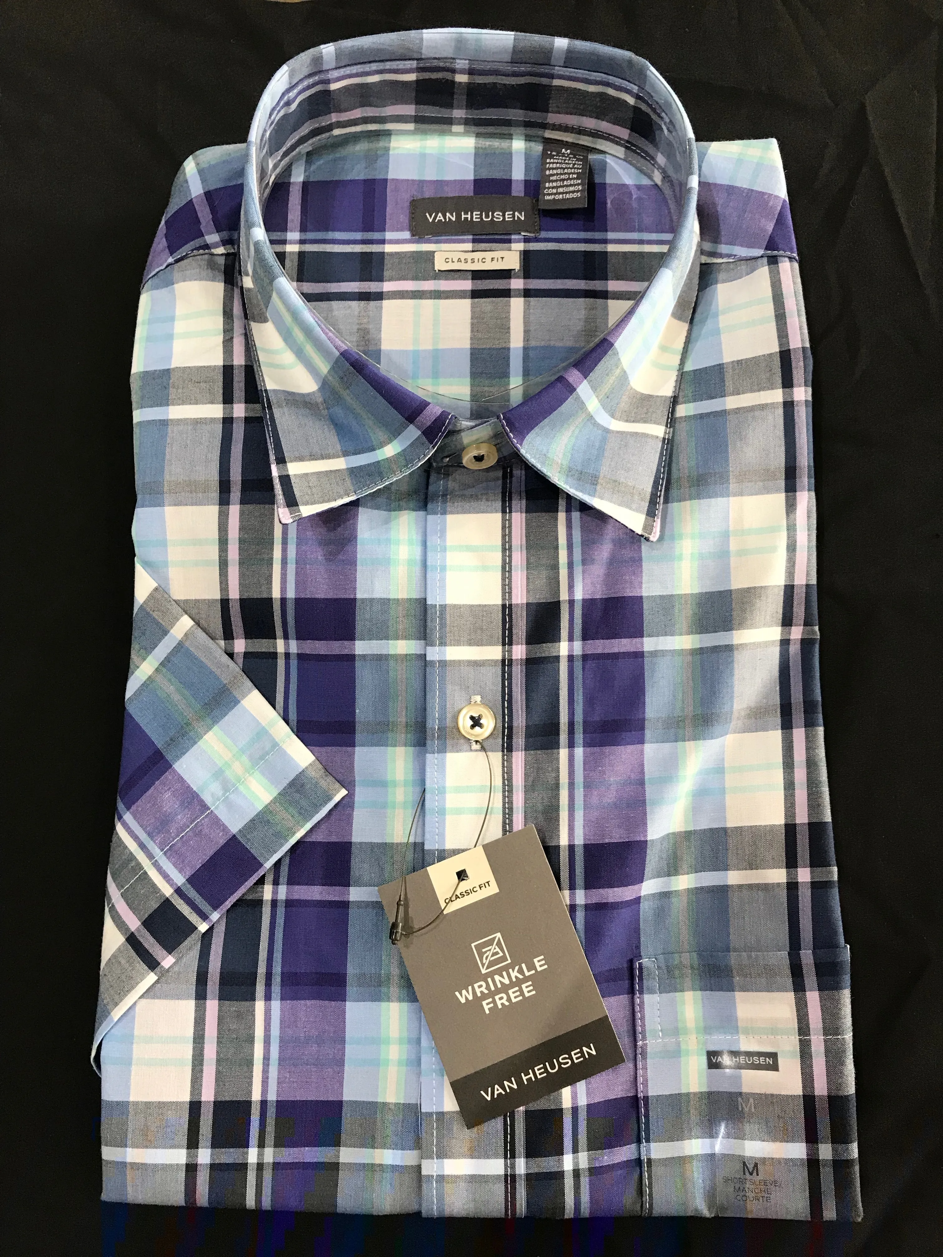 Van Heusen Mens Short Sleeve Shirt • Blue, Purple and Navy Plaid and Green, Blue and Black Plaid