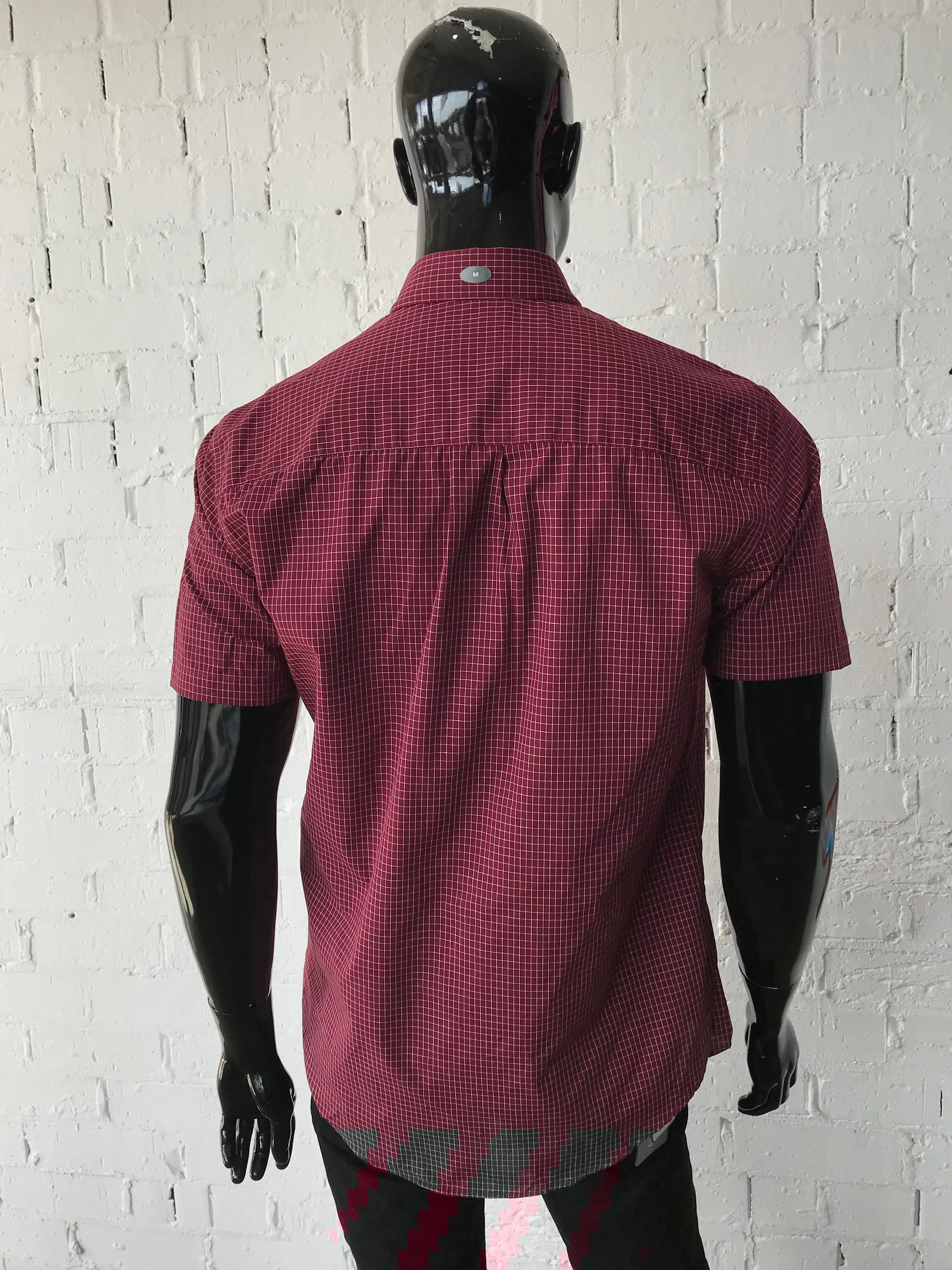 Van Heusen Mens Short Sleeve shirt • Dark Maroon with White Grid Pattern