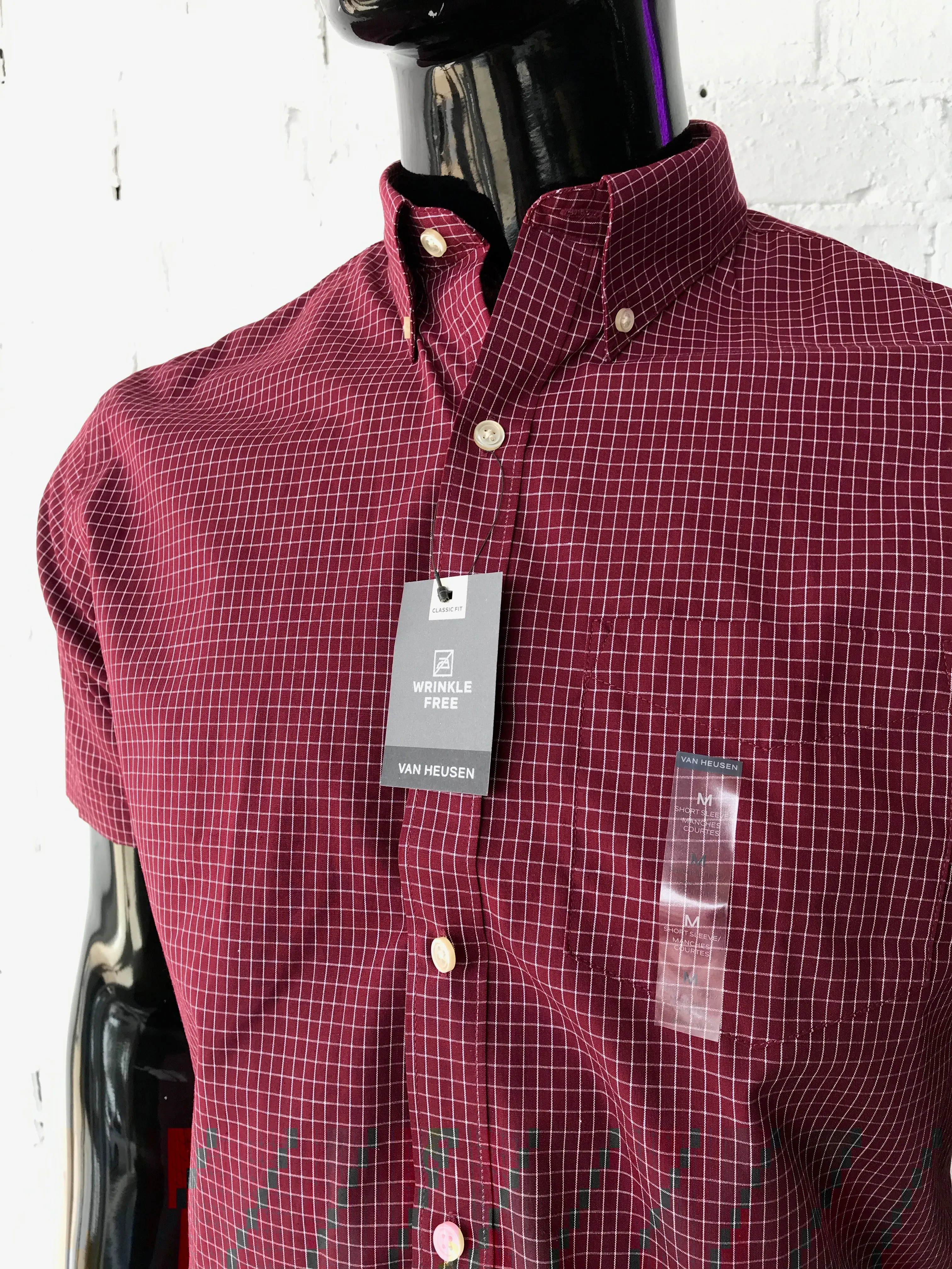 Van Heusen Mens Short Sleeve shirt • Dark Maroon with White Grid Pattern