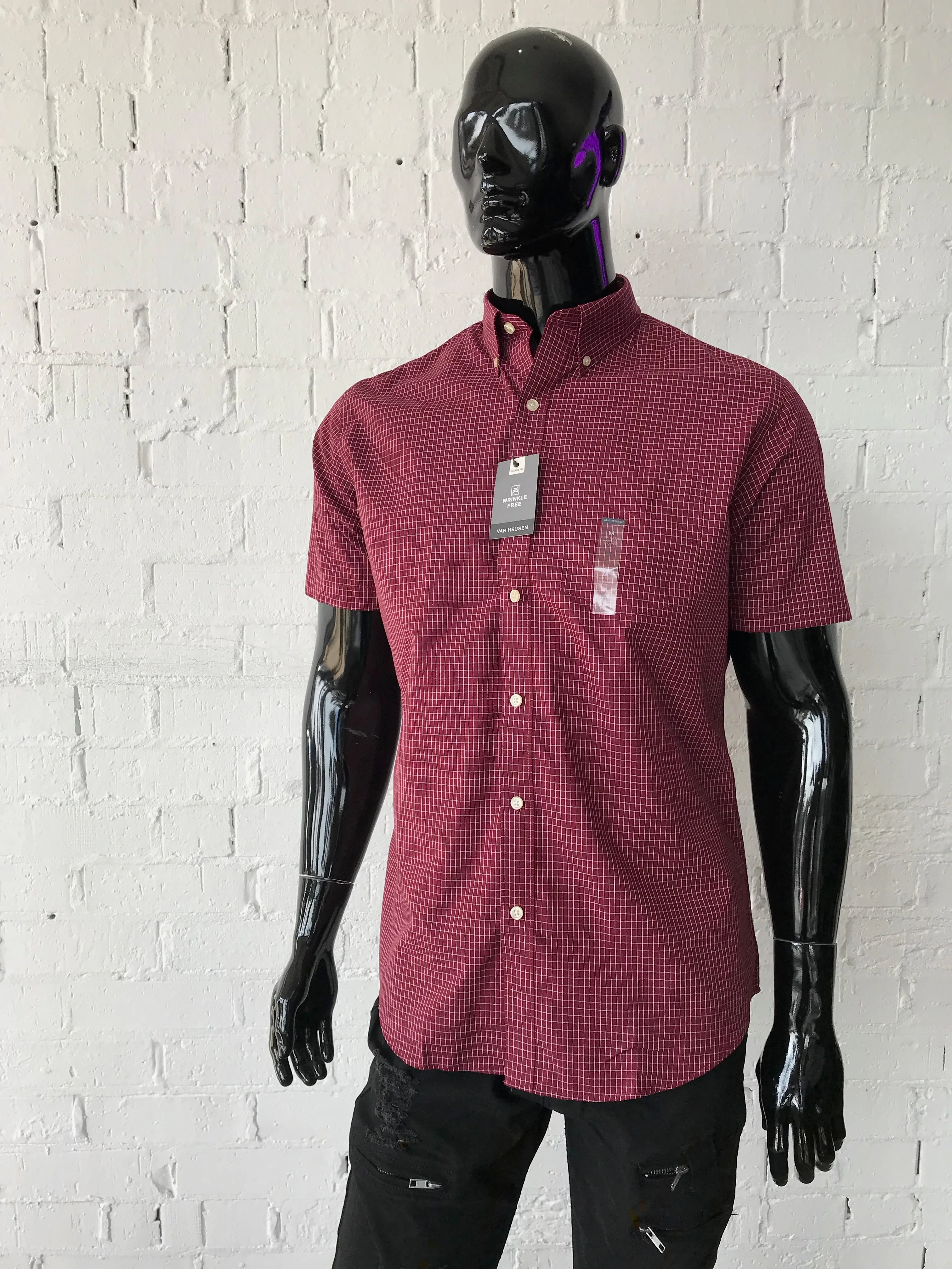 Van Heusen Mens Short Sleeve shirt • Dark Maroon with White Grid Pattern
