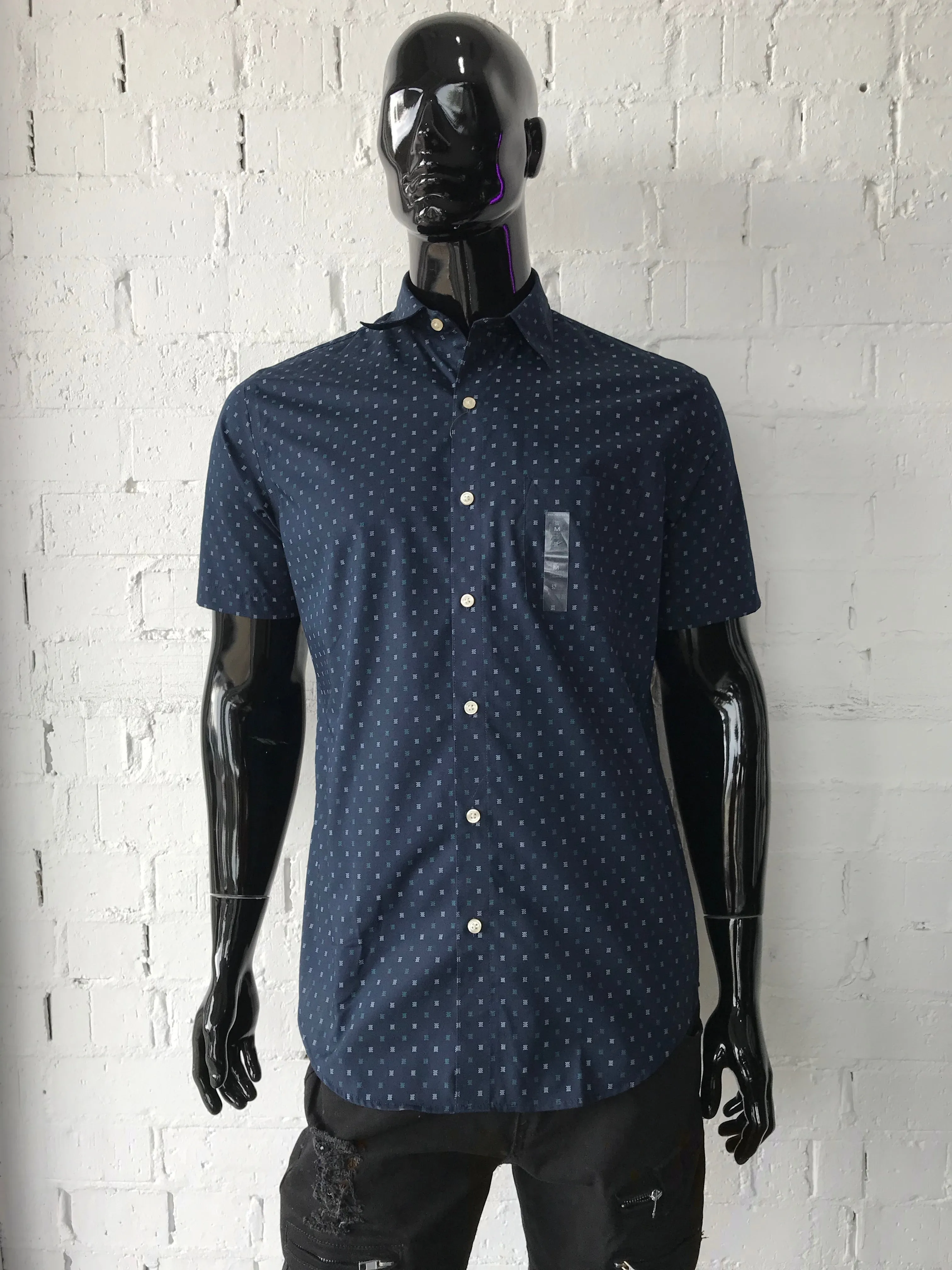 Van Heusen Mens Short Sleeve Shirt • Navy with Square Pattern