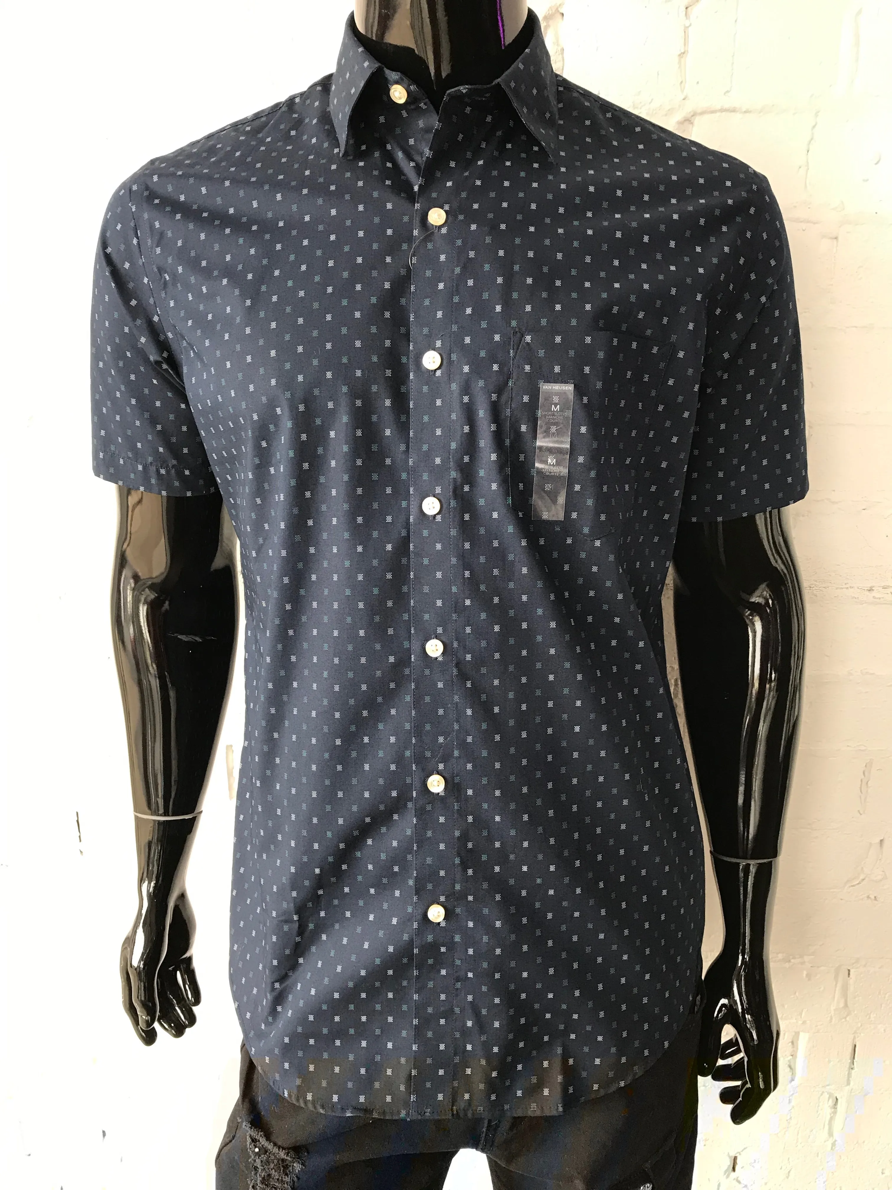Van Heusen Mens Short Sleeve Shirt • Navy with Square Pattern