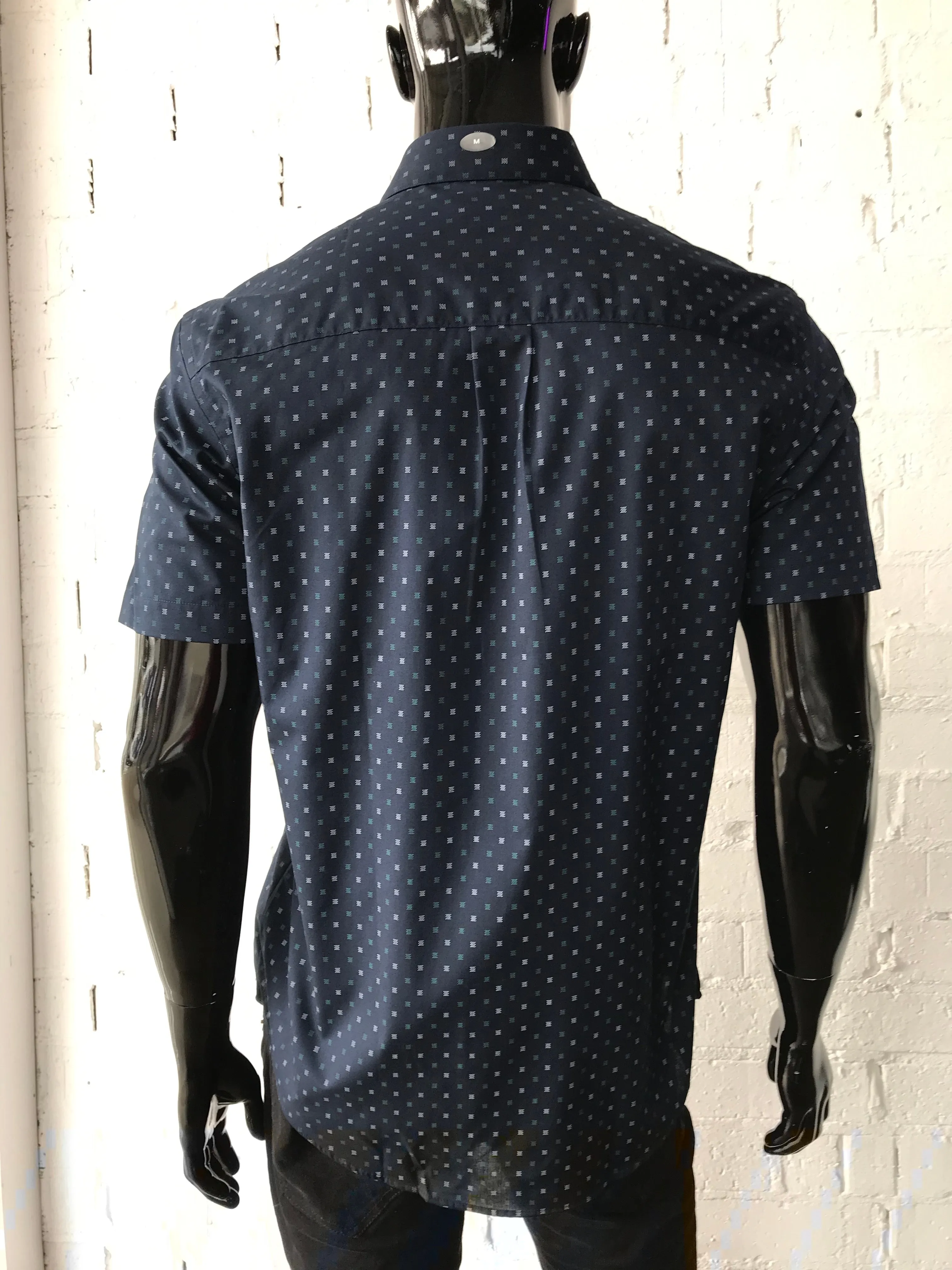 Van Heusen Mens Short Sleeve Shirt • Navy with Square Pattern