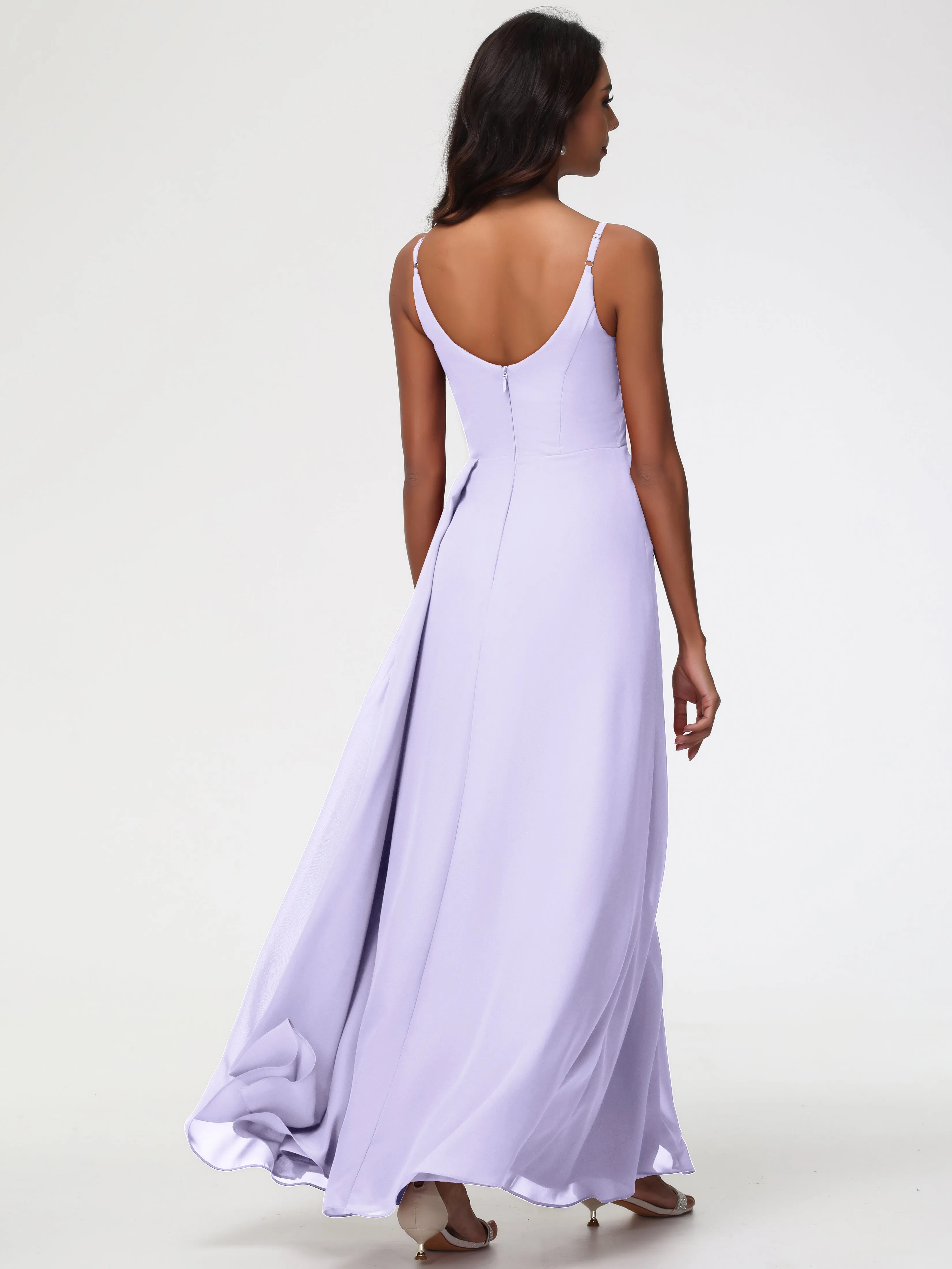 Wedding Lilac Bridesmaid Dresses A-Line V-Neck Spaghetti Straps Ruched Chiffon Bridesmaid Dresses With Slit