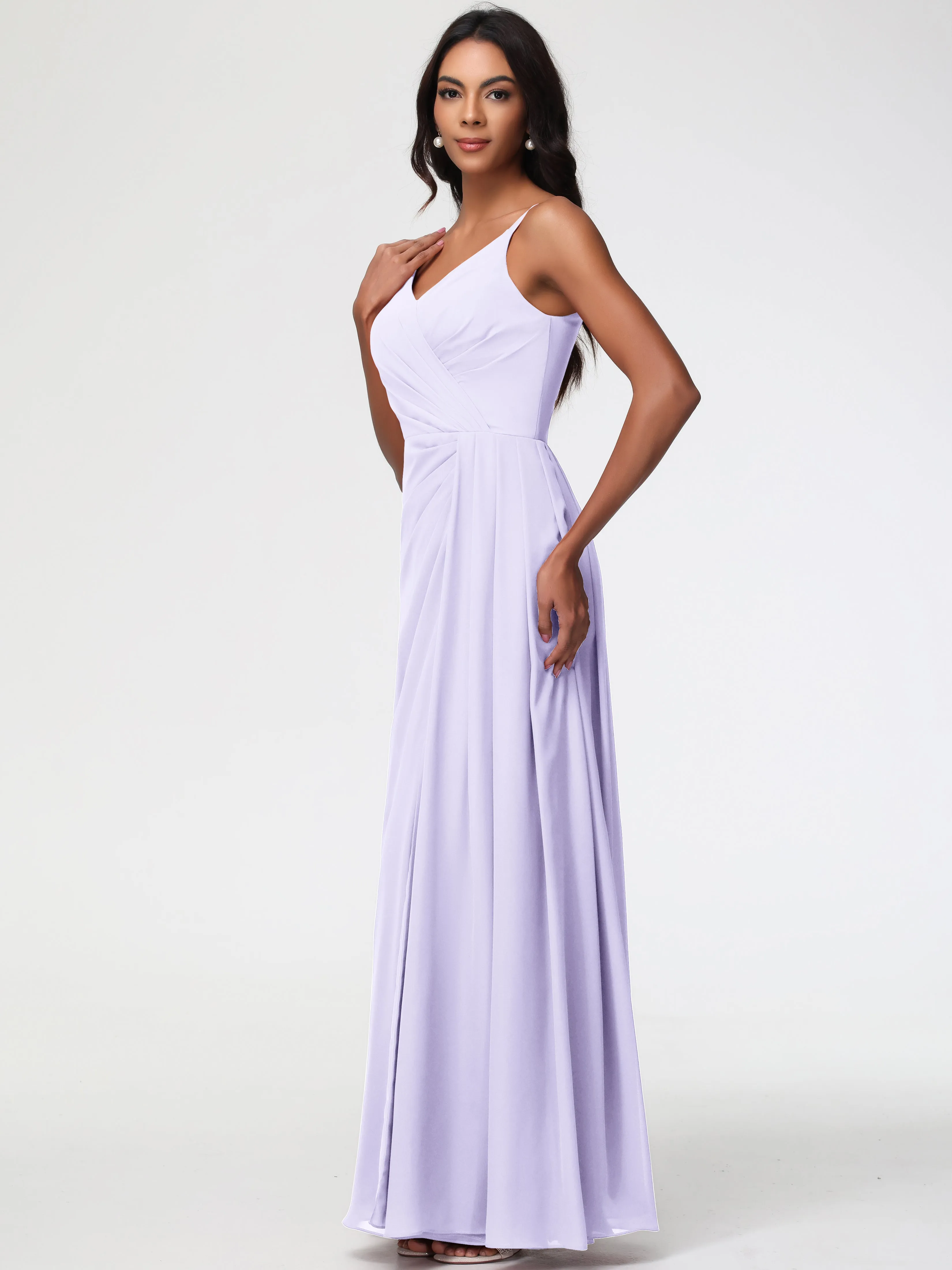 Wedding Lilac Bridesmaid Dresses A-Line V-Neck Spaghetti Straps Ruched Chiffon Bridesmaid Dresses With Slit