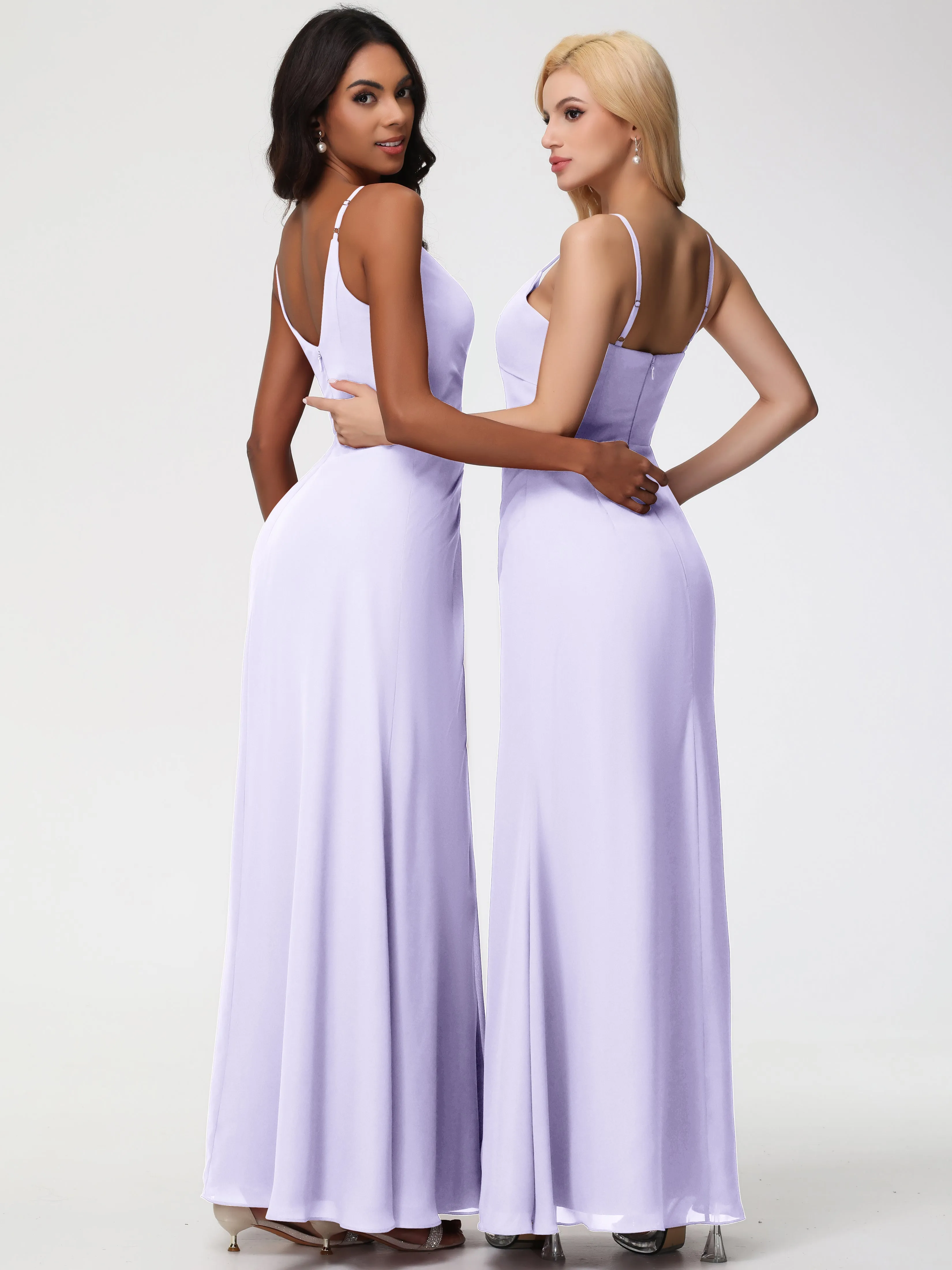 Wedding Lilac Bridesmaid Dresses A-Line V-Neck Spaghetti Straps Ruched Chiffon Bridesmaid Dresses With Slit