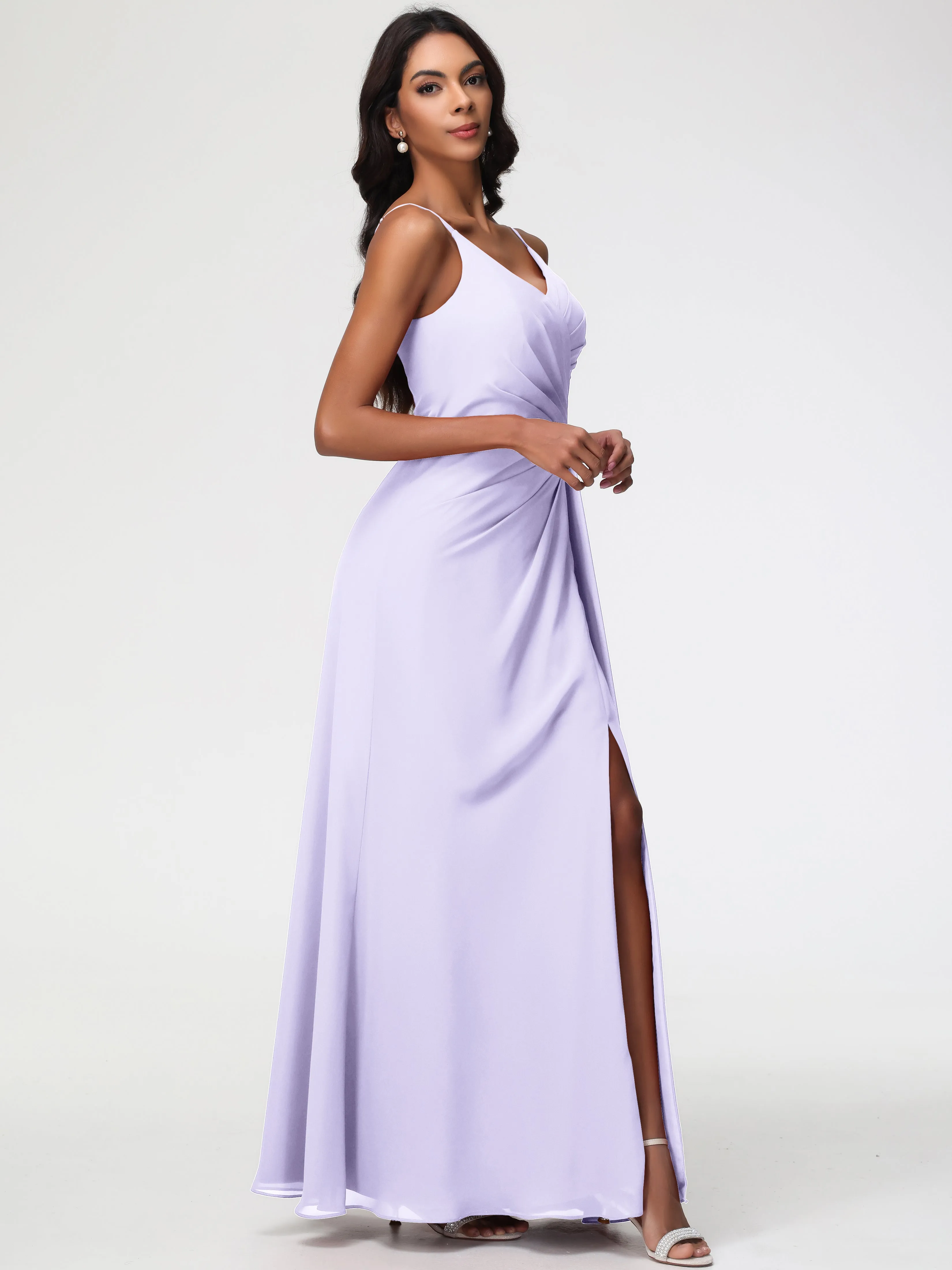 Wedding Lilac Bridesmaid Dresses A-Line V-Neck Spaghetti Straps Ruched Chiffon Bridesmaid Dresses With Slit