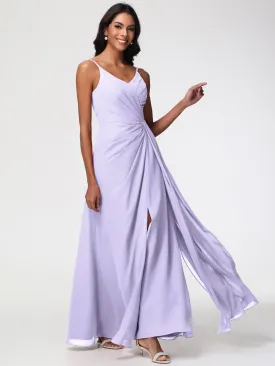 Wedding Lilac Bridesmaid Dresses A-Line V-Neck Spaghetti Straps Ruched Chiffon Bridesmaid Dresses With Slit