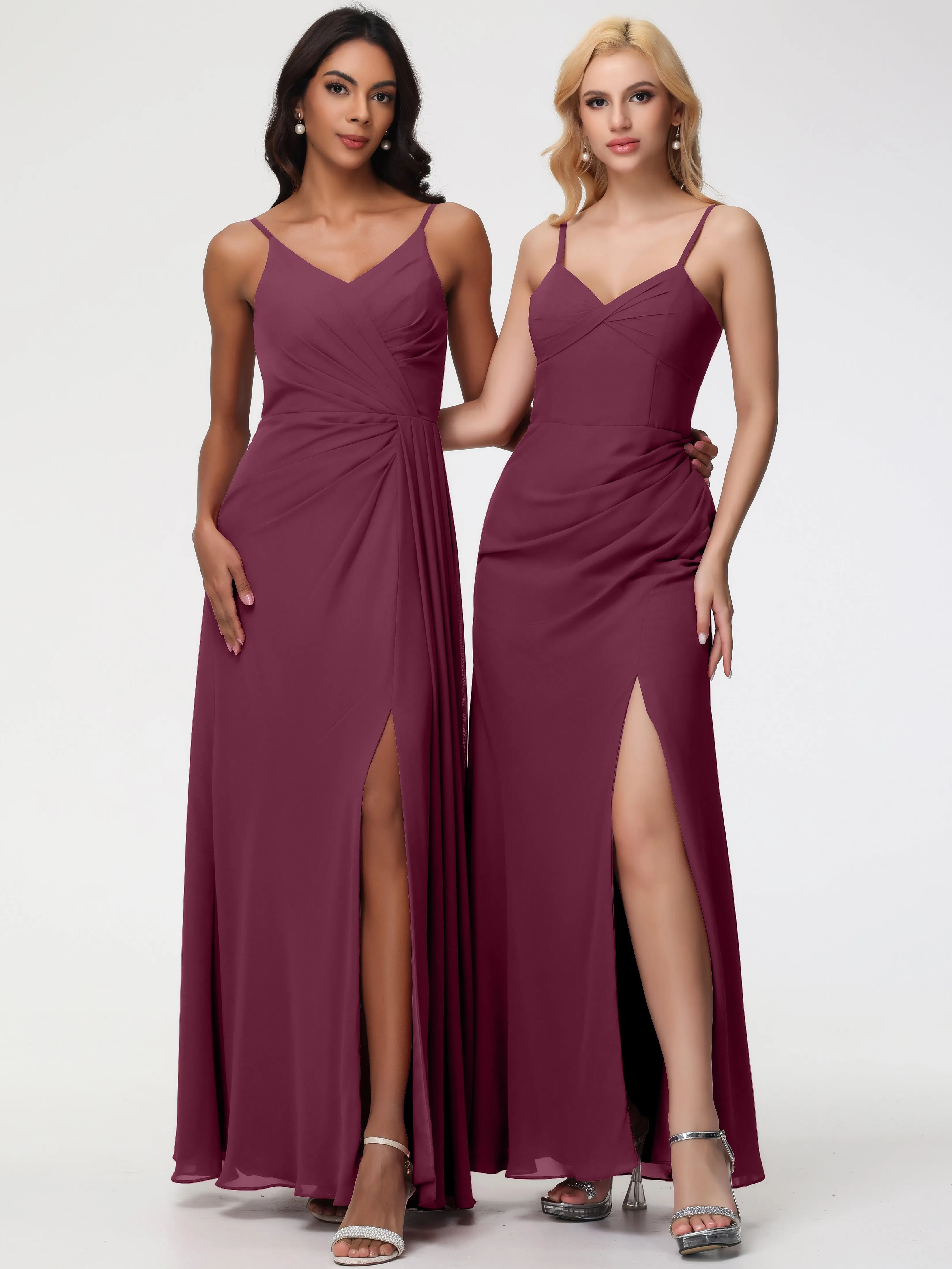 Wedding Mulberry Bridesmaid Dresses A-Line V-Neck Spaghetti Straps Ruched Chiffon Bridesmaid Dresses With Slit