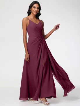 Wedding Mulberry Bridesmaid Dresses A-Line V-Neck Spaghetti Straps Ruched Chiffon Bridesmaid Dresses With Slit