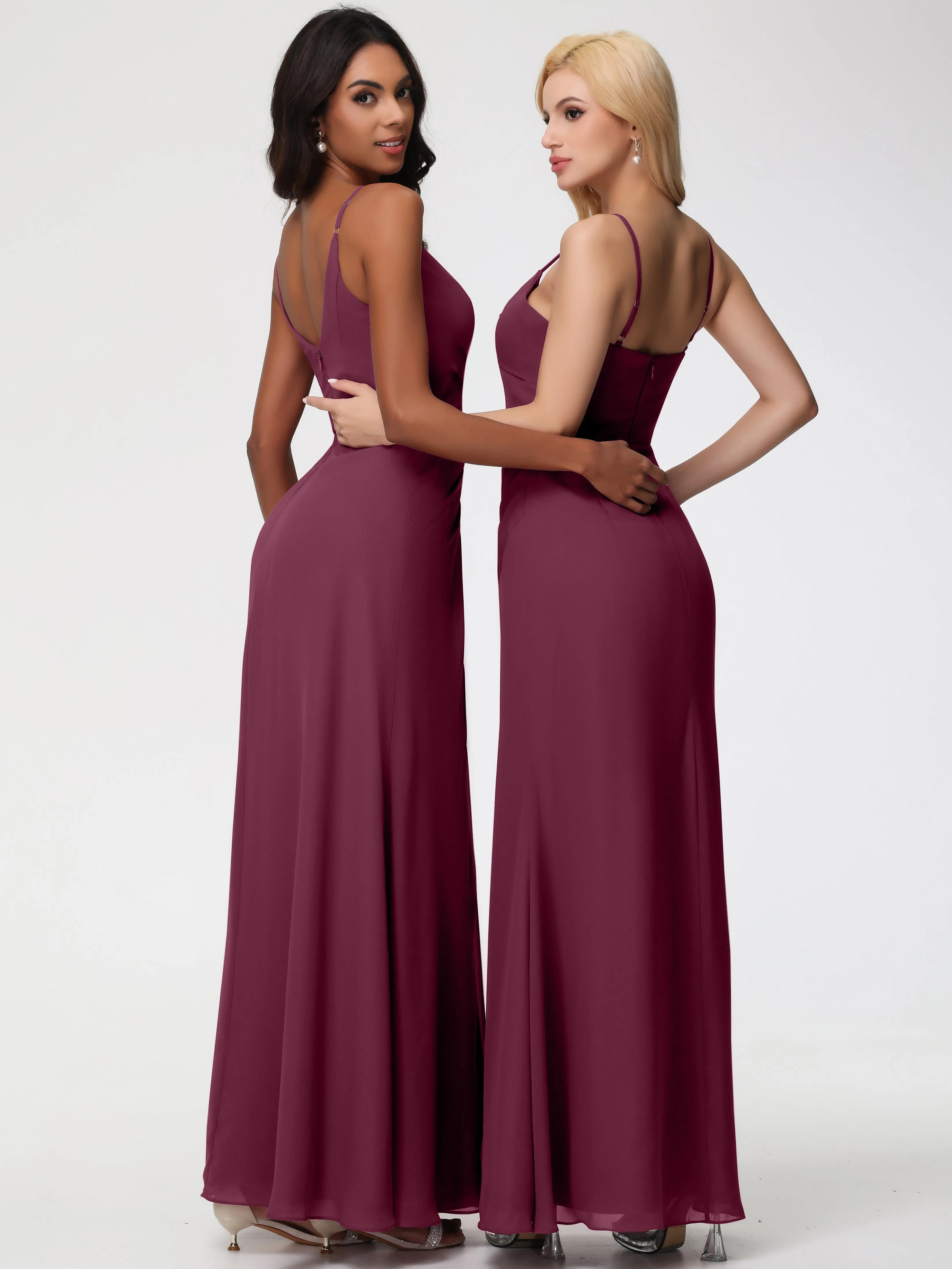 Wedding Mulberry Bridesmaid Dresses A-Line V-Neck Spaghetti Straps Ruched Chiffon Bridesmaid Dresses With Slit